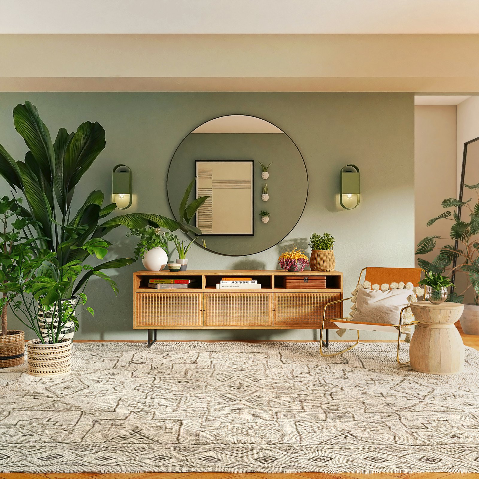 Bright, tidy living space with plants
